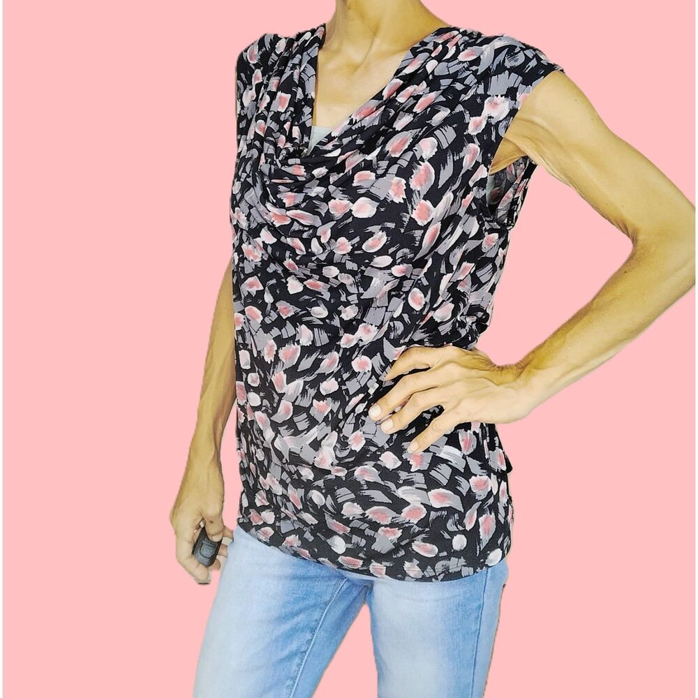 Black & Pink Brushstroke Print ~ Cowl Scoop Neck Sleeveless Top ~ XL